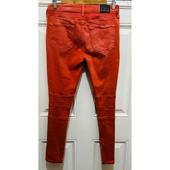 True Religion Halle Mid‎ Rise Super Skinny Jeans Coral Moto Biker Wash Size 30 - Picture 4 of 5